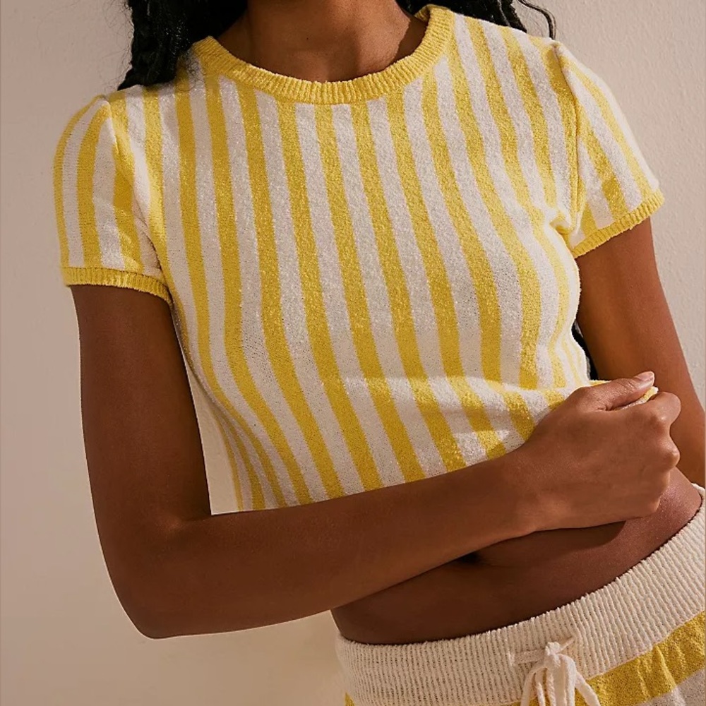 Free People Roberta Cropped Sweater Top Yellow Striped FP Beach NWT